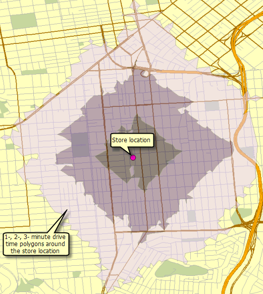 Example output from Calculate Drive-Time Polygons task
